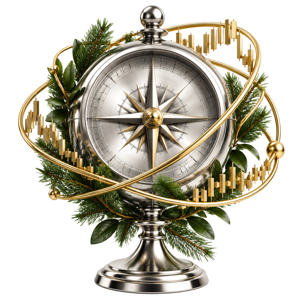 Silver compass surrounded by gold market rings and evergreen leaves