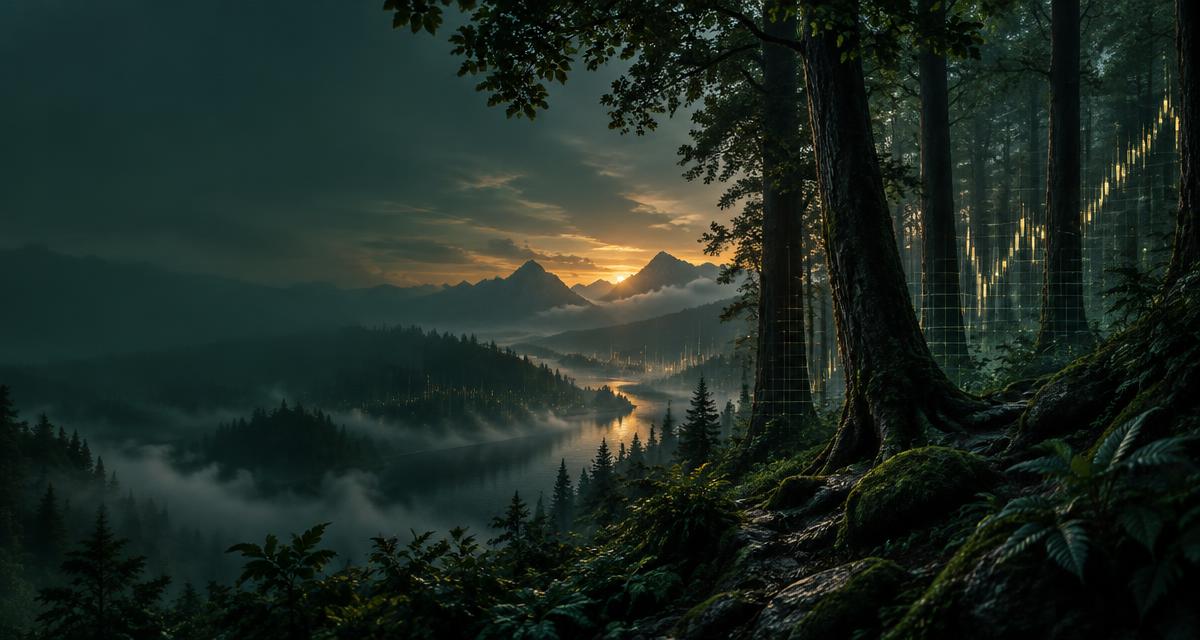 Mysterious forest with a subtle market grid for Aptus Trade Research